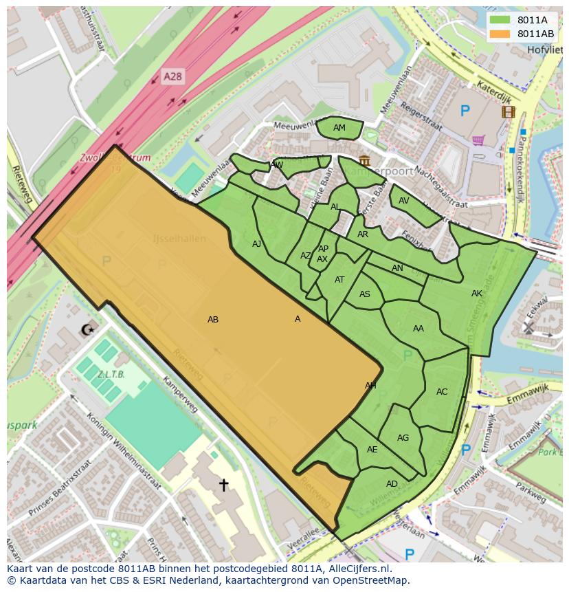 Afbeelding van het postcodegebied 8011 AB op de kaart.