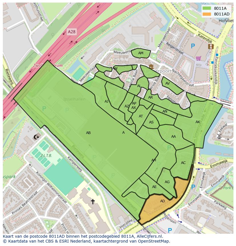 Afbeelding van het postcodegebied 8011 AD op de kaart.