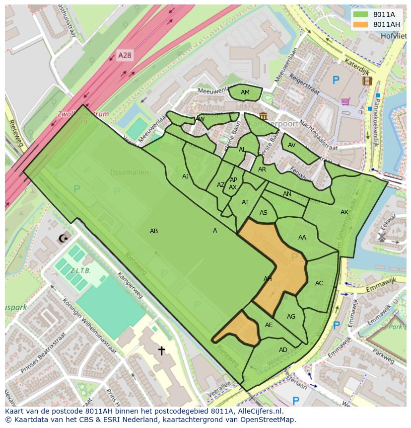 Afbeelding van het postcodegebied 8011 AH op de kaart.