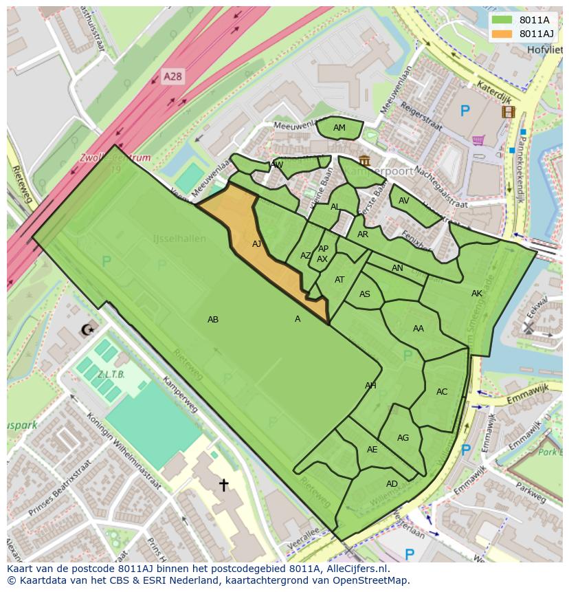 Afbeelding van het postcodegebied 8011 AJ op de kaart.
