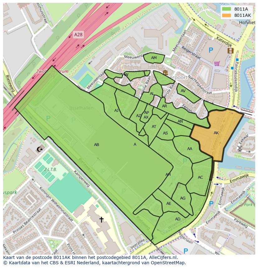 Afbeelding van het postcodegebied 8011 AK op de kaart.
