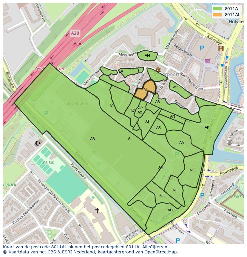 Afbeelding van het postcodegebied 8011 AL op de kaart.