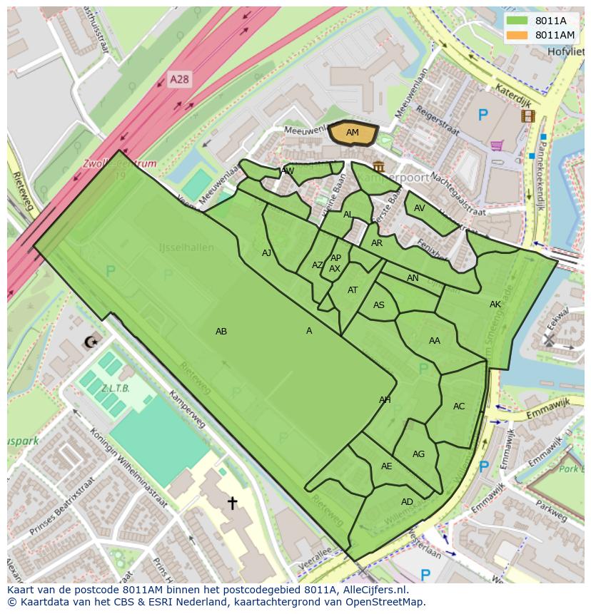 Afbeelding van het postcodegebied 8011 AM op de kaart.