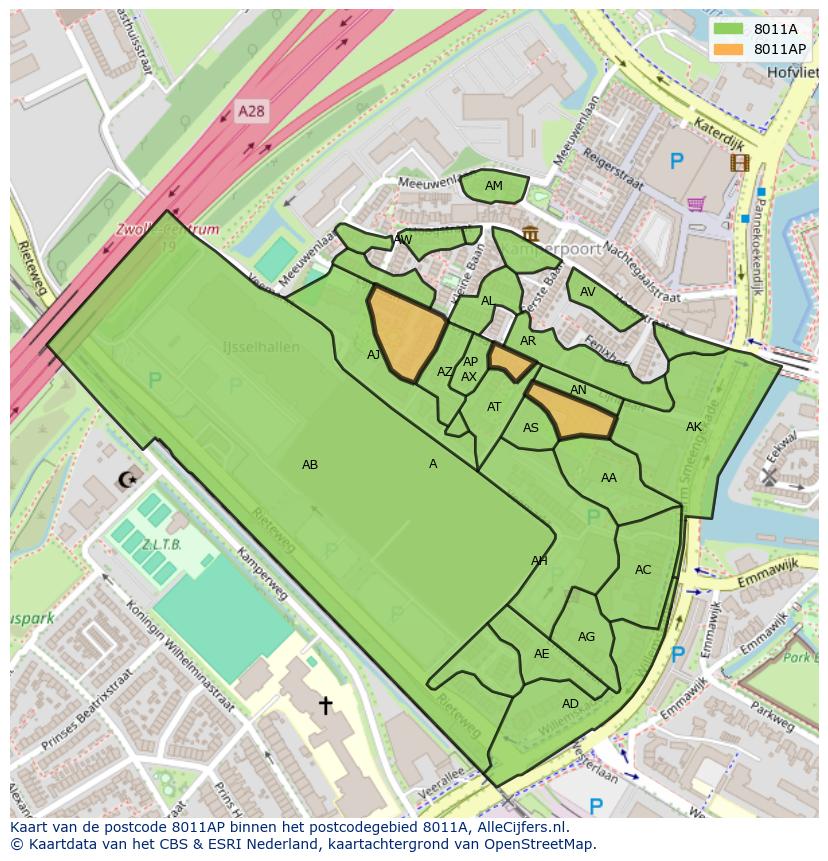 Afbeelding van het postcodegebied 8011 AP op de kaart.