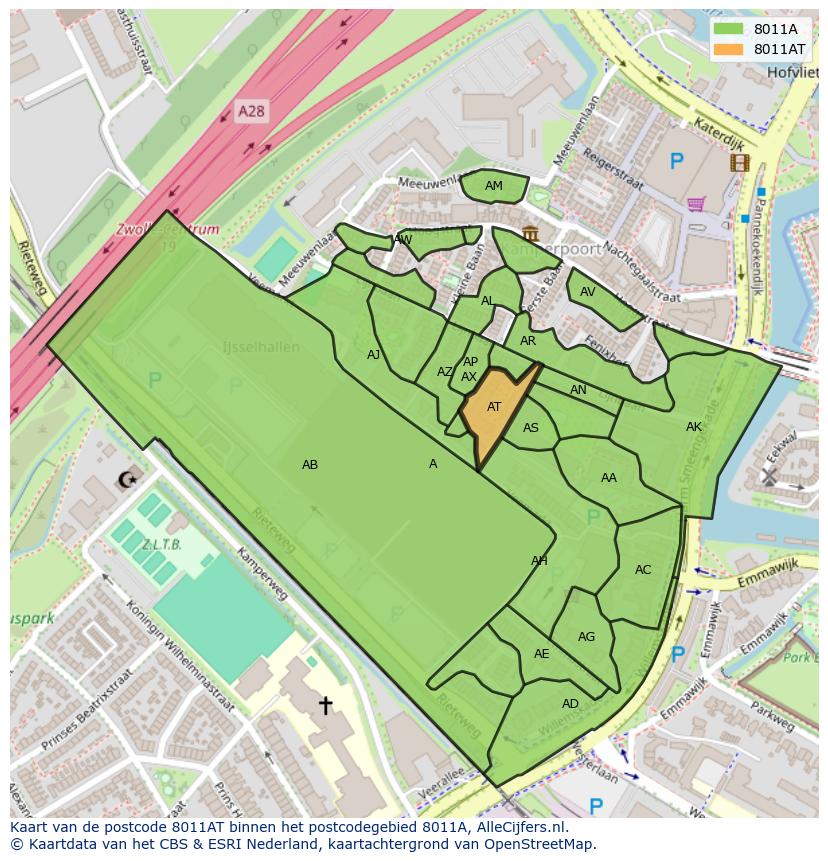 Afbeelding van het postcodegebied 8011 AT op de kaart.