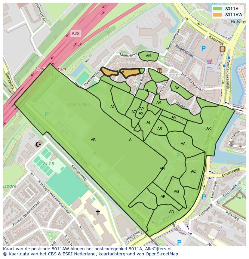 Afbeelding van het postcodegebied 8011 AW op de kaart.