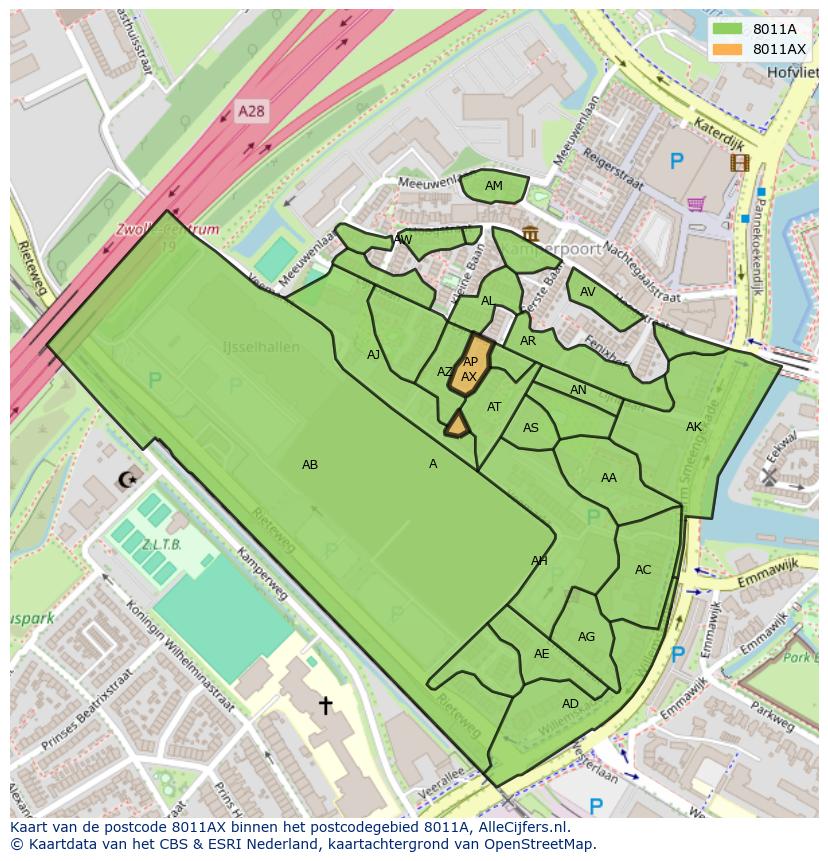 Afbeelding van het postcodegebied 8011 AX op de kaart.