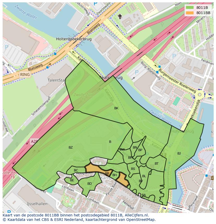 Afbeelding van het postcodegebied 8011 BB op de kaart.