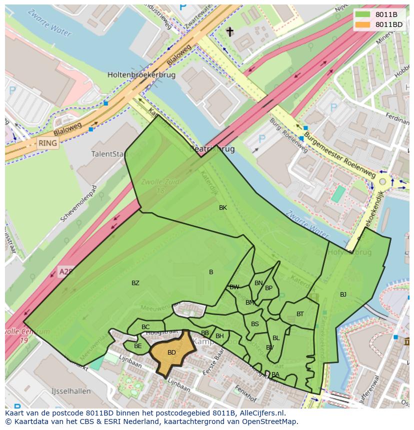 Afbeelding van het postcodegebied 8011 BD op de kaart.