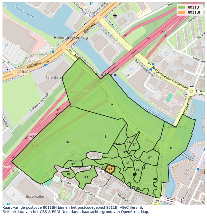 Afbeelding van het postcodegebied 8011 BH op de kaart.