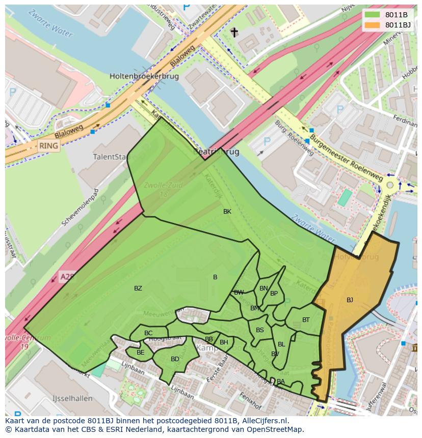 Afbeelding van het postcodegebied 8011 BJ op de kaart.