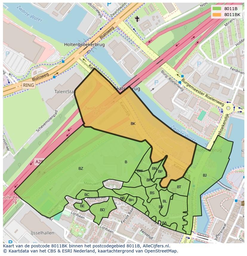 Afbeelding van het postcodegebied 8011 BK op de kaart.