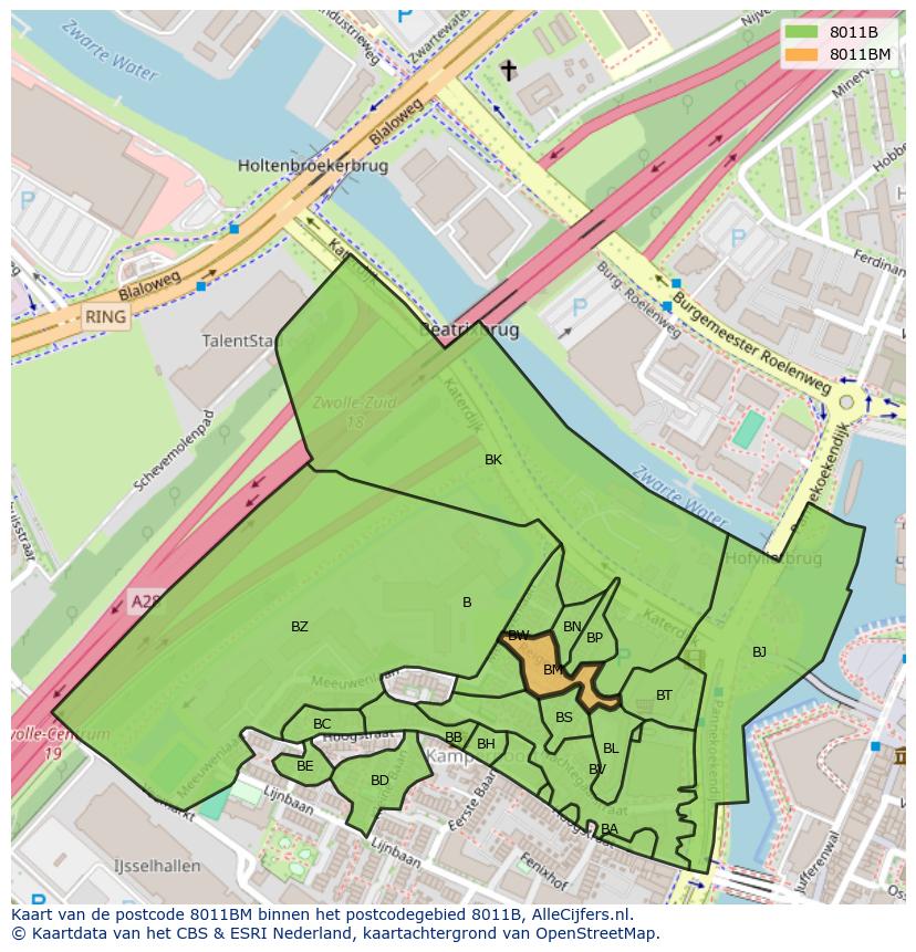 Afbeelding van het postcodegebied 8011 BM op de kaart.
