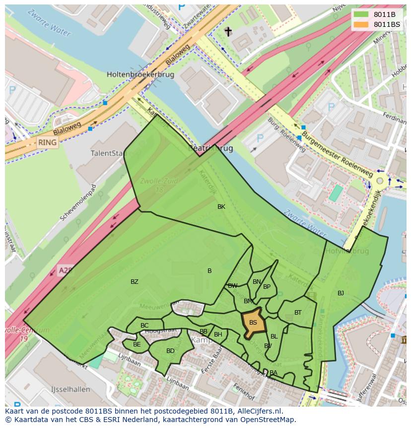 Afbeelding van het postcodegebied 8011 BS op de kaart.