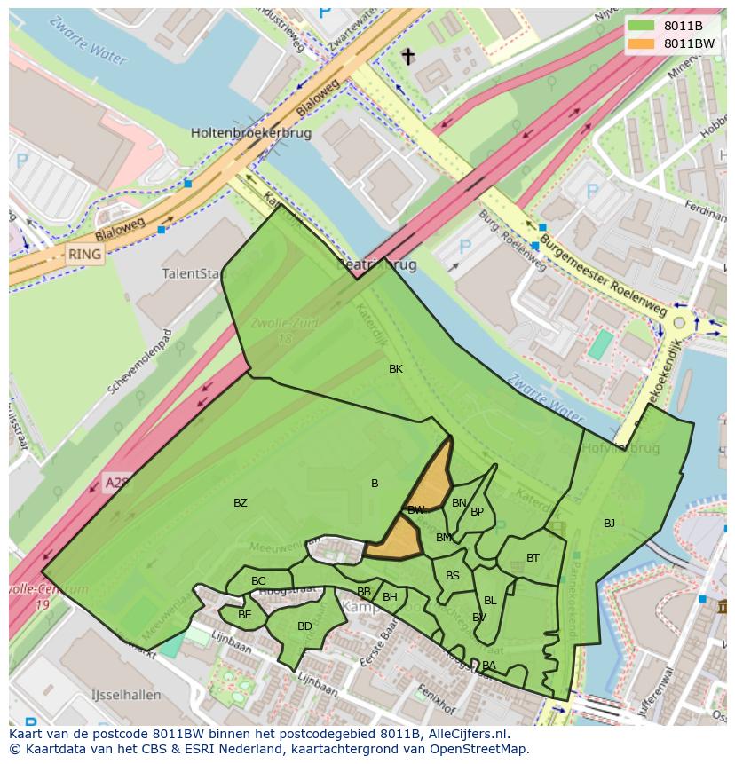 Afbeelding van het postcodegebied 8011 BW op de kaart.