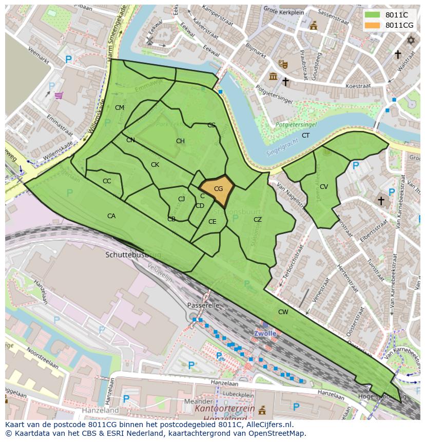 Afbeelding van het postcodegebied 8011 CG op de kaart.