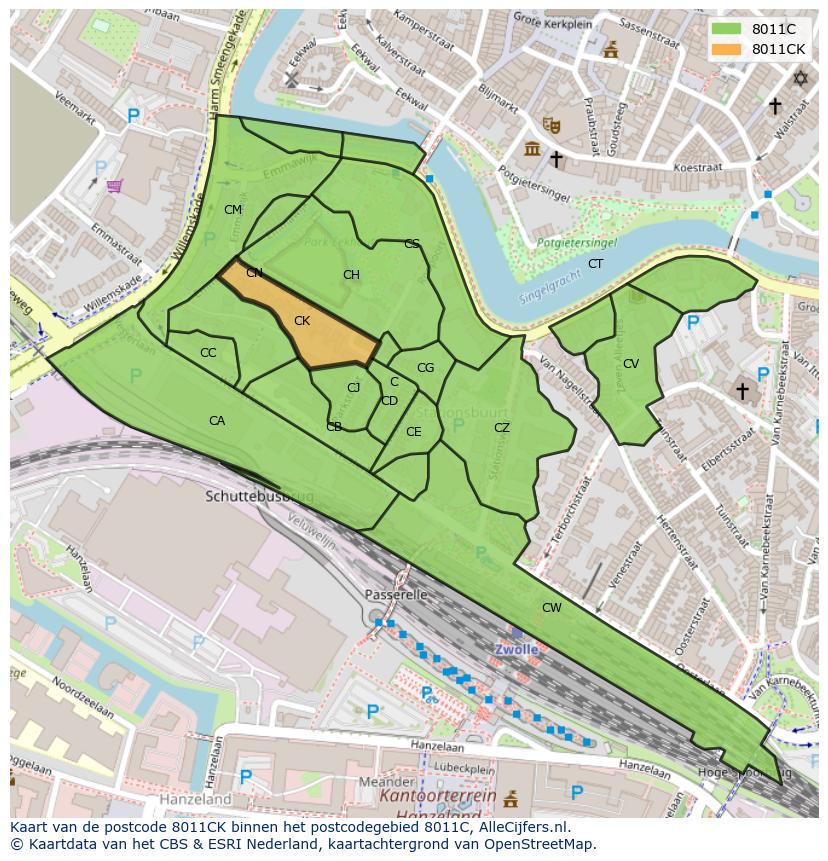 Afbeelding van het postcodegebied 8011 CK op de kaart.