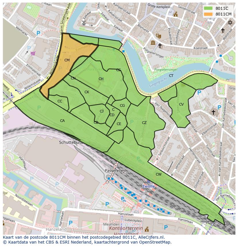 Afbeelding van het postcodegebied 8011 CM op de kaart.