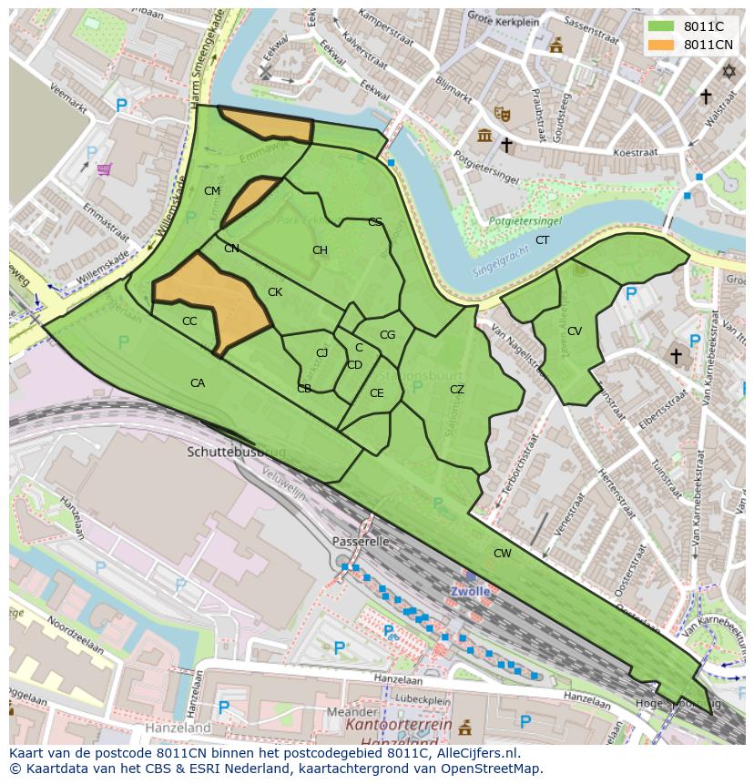 Afbeelding van het postcodegebied 8011 CN op de kaart.