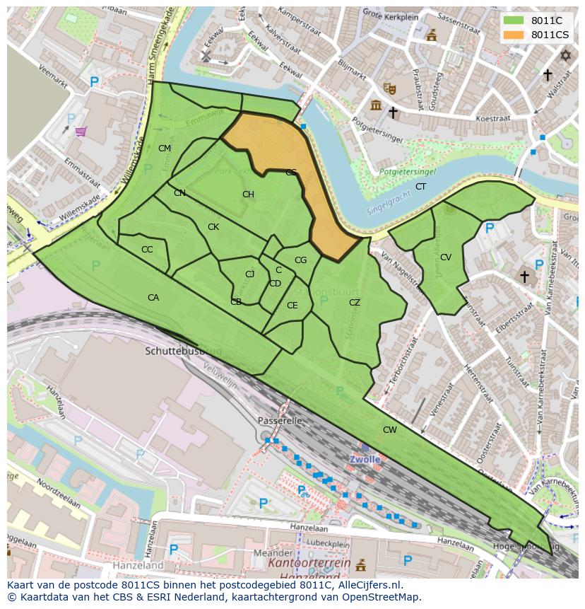 Afbeelding van het postcodegebied 8011 CS op de kaart.