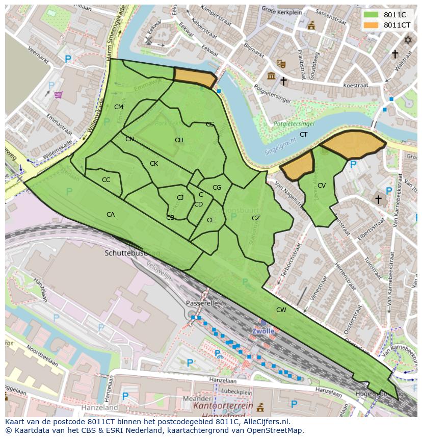 Afbeelding van het postcodegebied 8011 CT op de kaart.