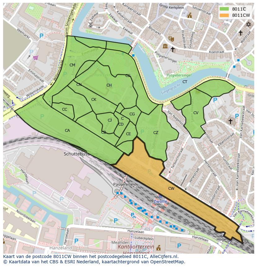 Afbeelding van het postcodegebied 8011 CW op de kaart.