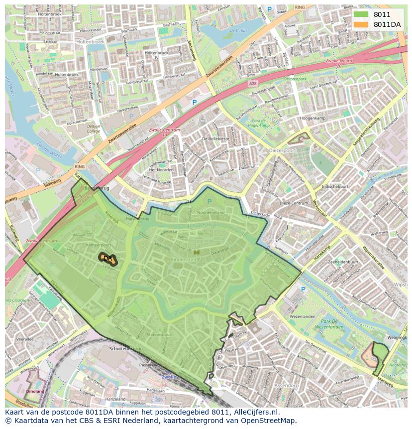 Afbeelding van het postcodegebied 8011 DA op de kaart.
