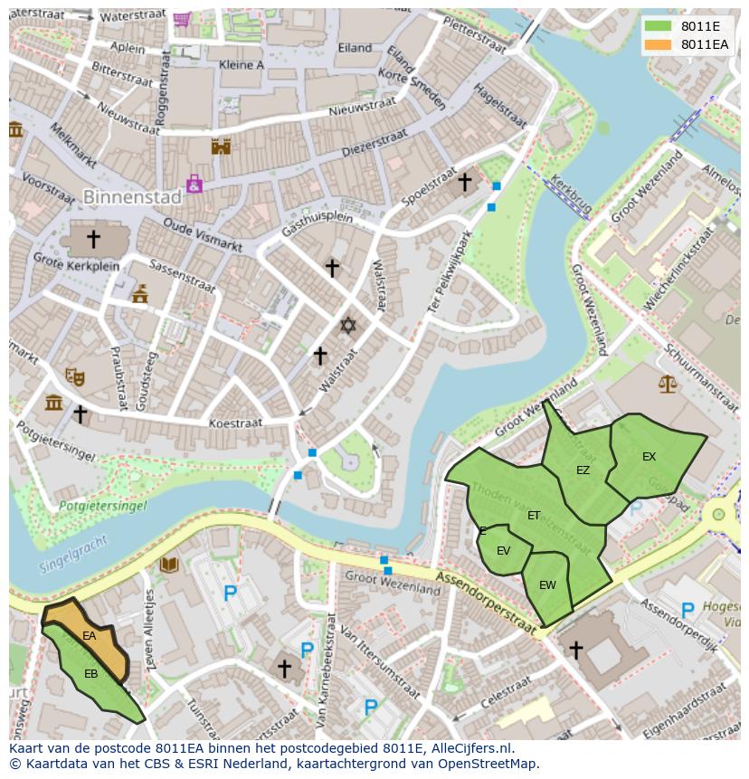 Afbeelding van het postcodegebied 8011 EA op de kaart.
