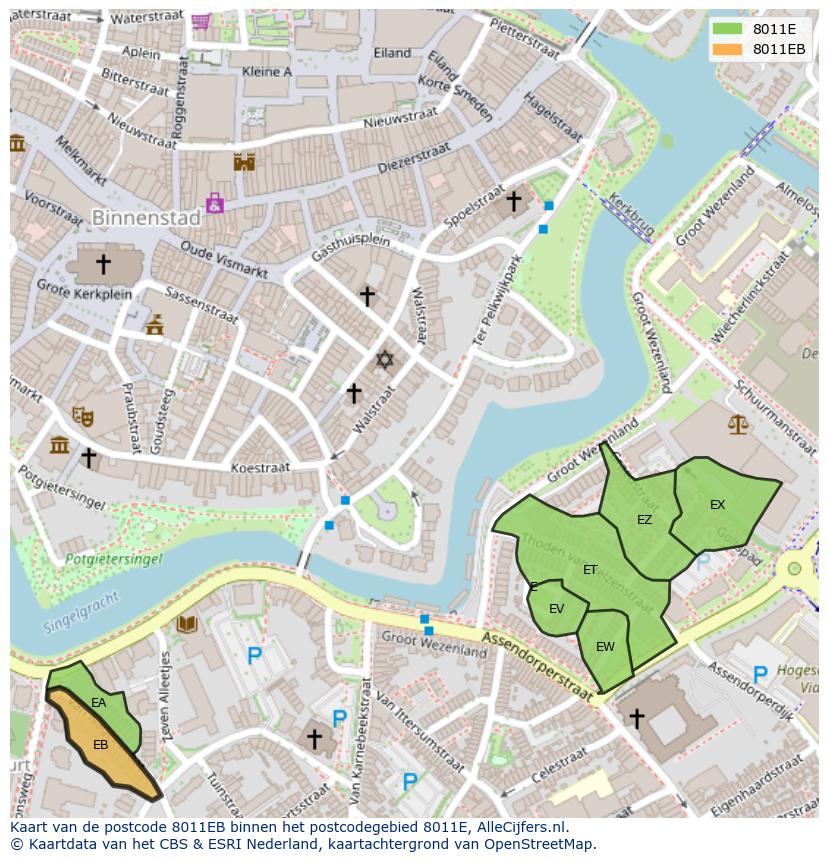Afbeelding van het postcodegebied 8011 EB op de kaart.