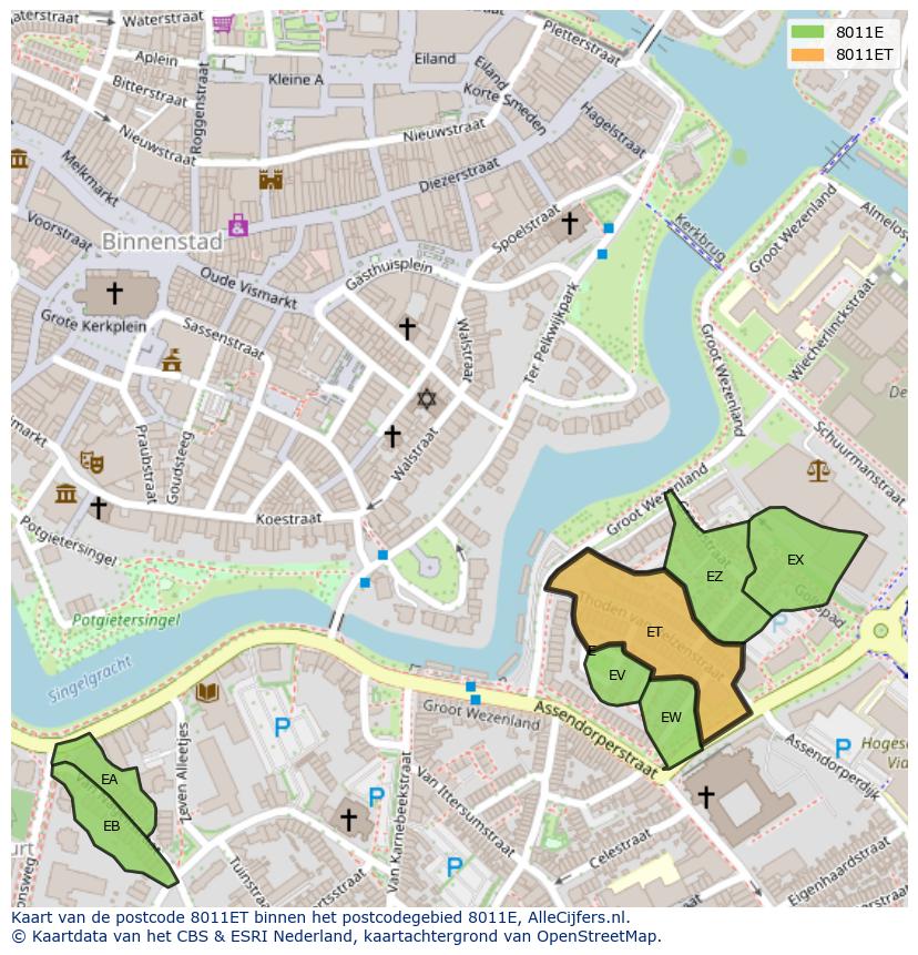 Afbeelding van het postcodegebied 8011 ET op de kaart.