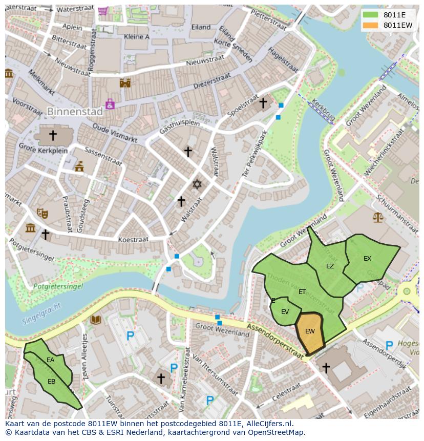 Afbeelding van het postcodegebied 8011 EW op de kaart.