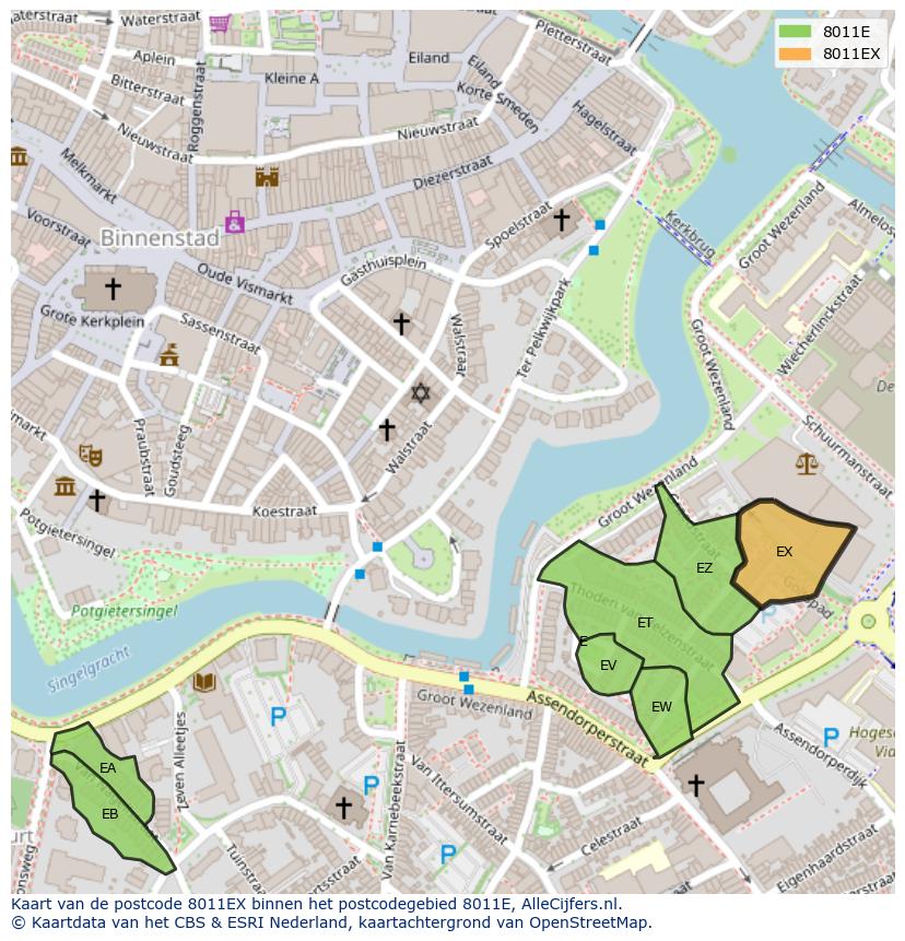 Afbeelding van het postcodegebied 8011 EX op de kaart.