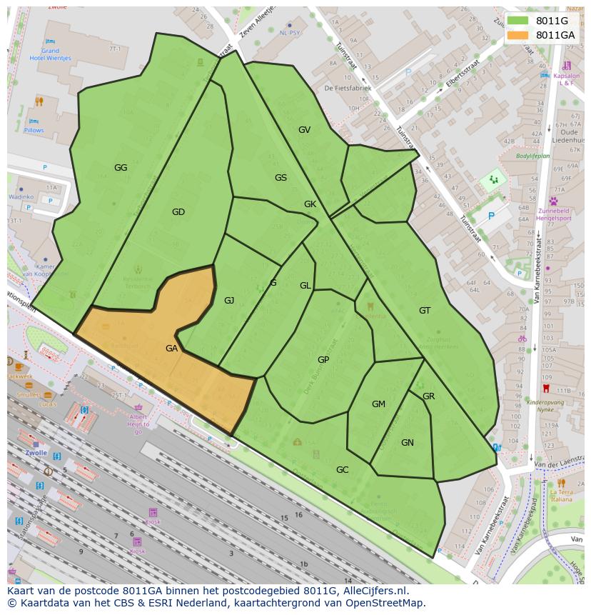 Afbeelding van het postcodegebied 8011 GA op de kaart.