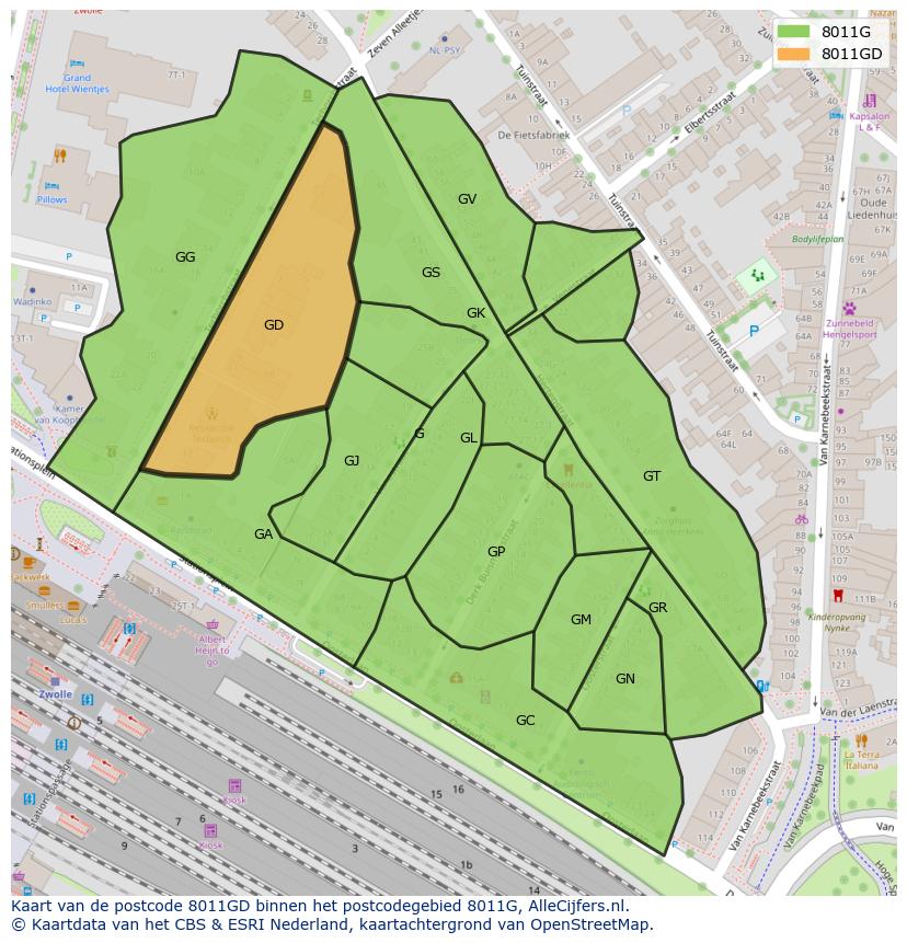Afbeelding van het postcodegebied 8011 GD op de kaart.