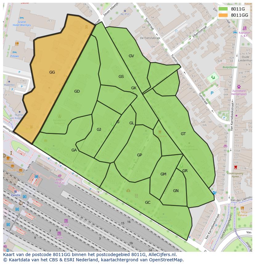 Afbeelding van het postcodegebied 8011 GG op de kaart.