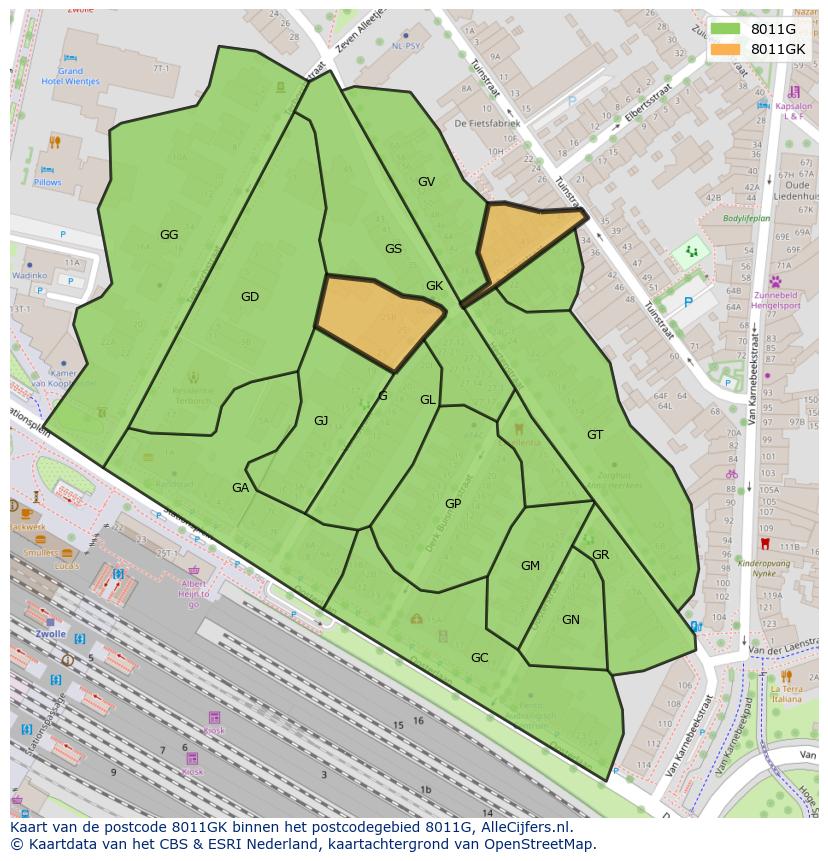 Afbeelding van het postcodegebied 8011 GK op de kaart.
