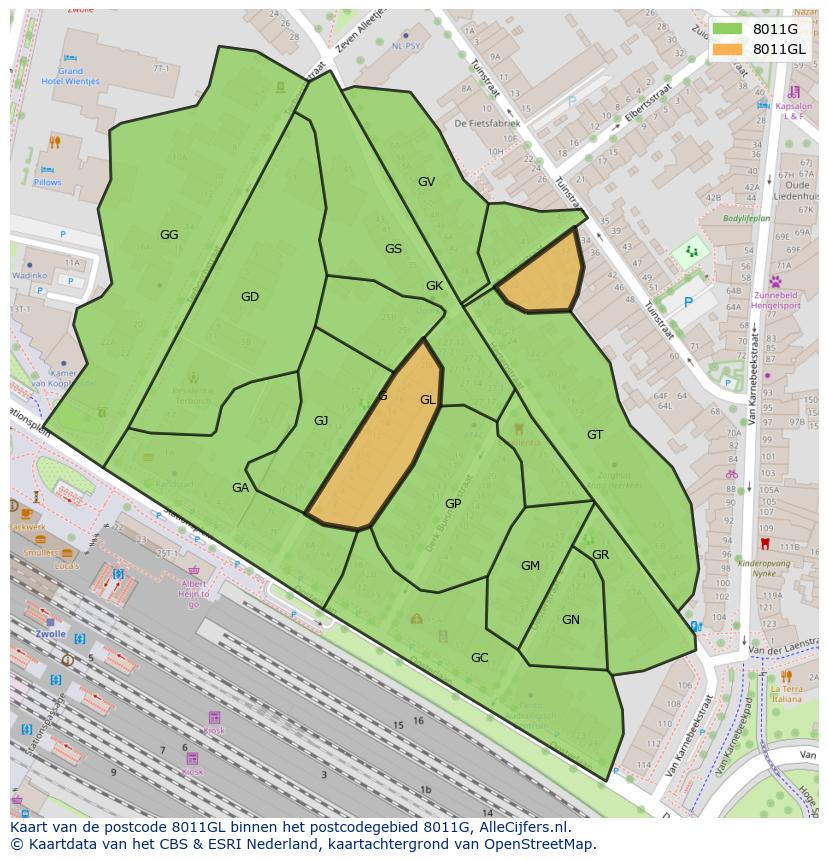 Afbeelding van het postcodegebied 8011 GL op de kaart.