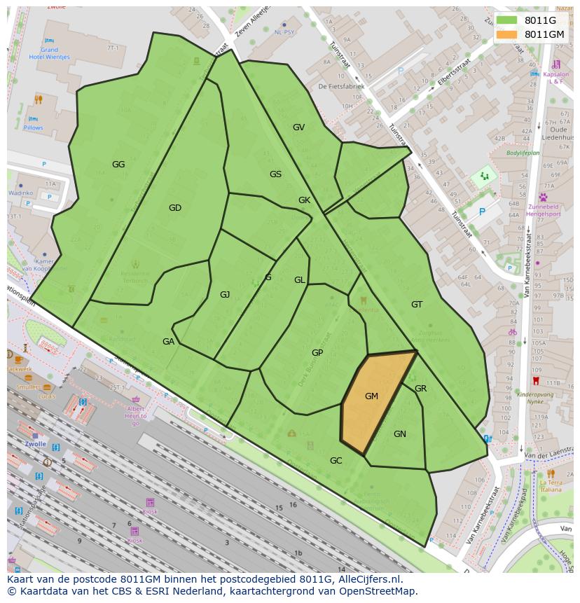 Afbeelding van het postcodegebied 8011 GM op de kaart.