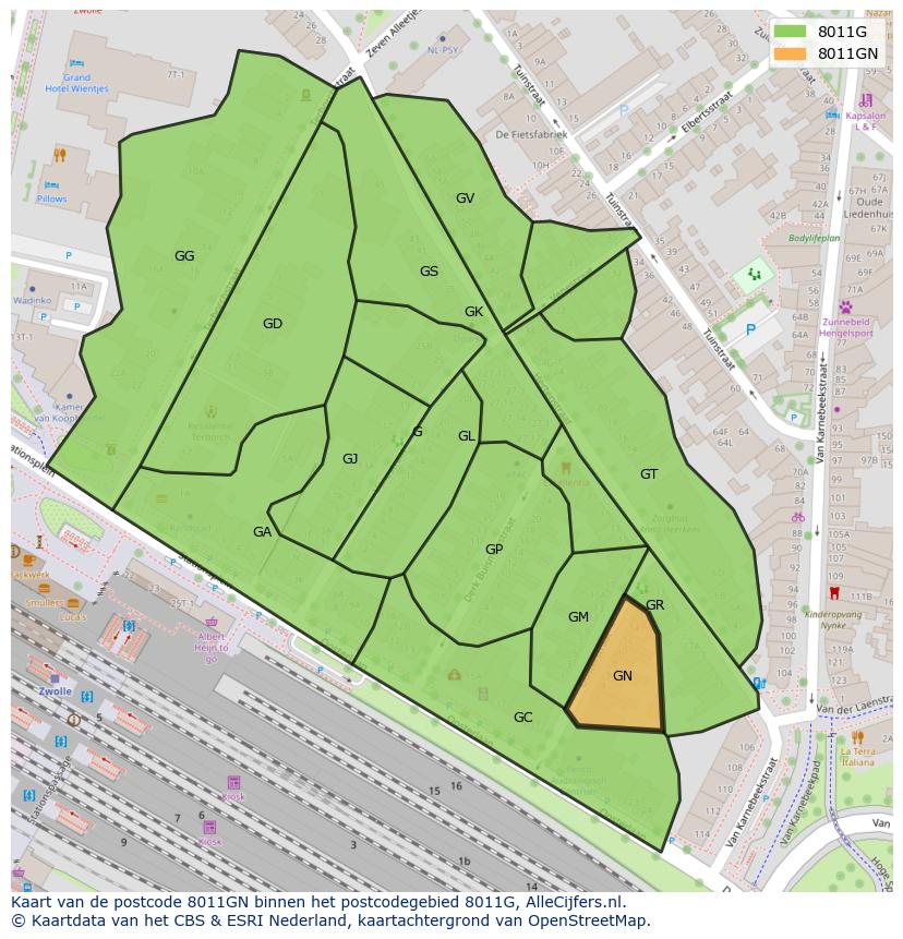 Afbeelding van het postcodegebied 8011 GN op de kaart.
