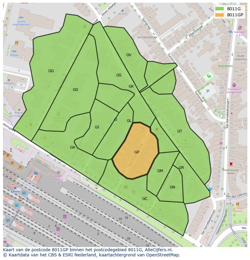 Afbeelding van het postcodegebied 8011 GP op de kaart.