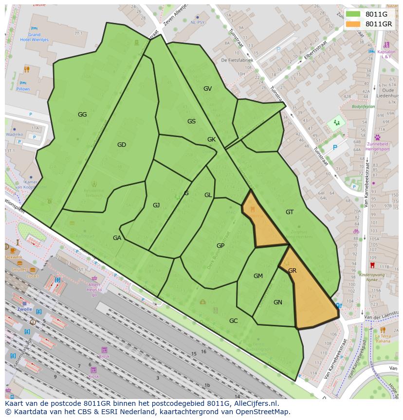 Afbeelding van het postcodegebied 8011 GR op de kaart.