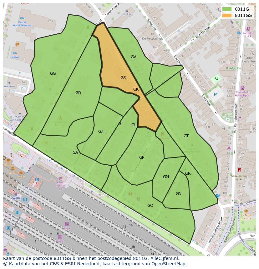 Afbeelding van het postcodegebied 8011 GS op de kaart.