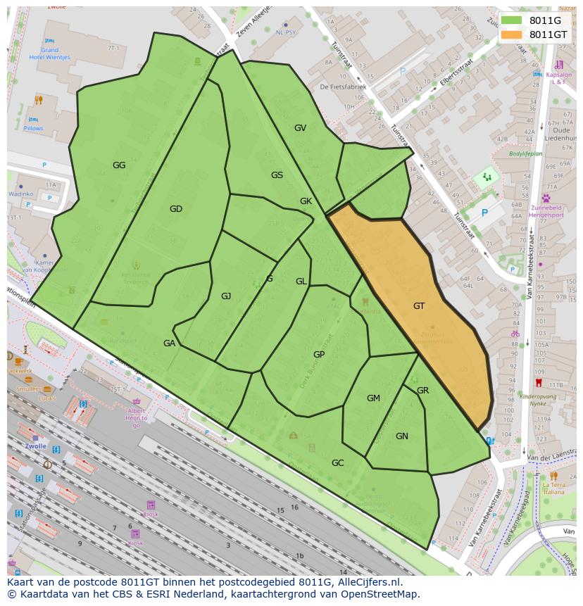 Afbeelding van het postcodegebied 8011 GT op de kaart.