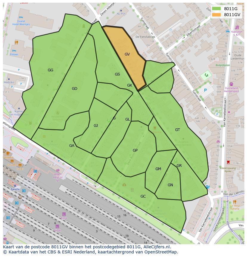 Afbeelding van het postcodegebied 8011 GV op de kaart.