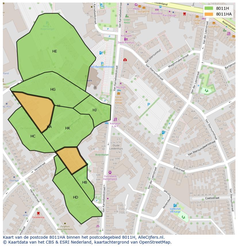 Afbeelding van het postcodegebied 8011 HA op de kaart.