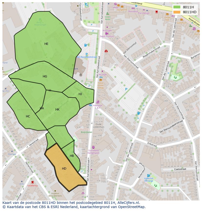 Afbeelding van het postcodegebied 8011 HD op de kaart.