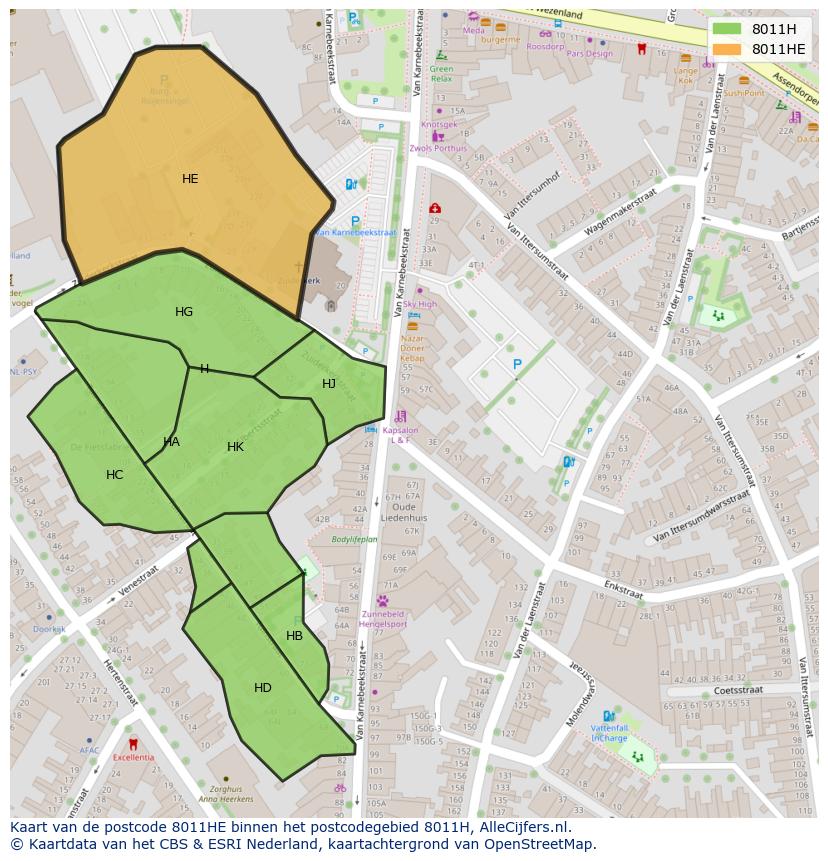 Afbeelding van het postcodegebied 8011 HE op de kaart.
