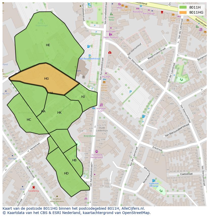 Afbeelding van het postcodegebied 8011 HG op de kaart.