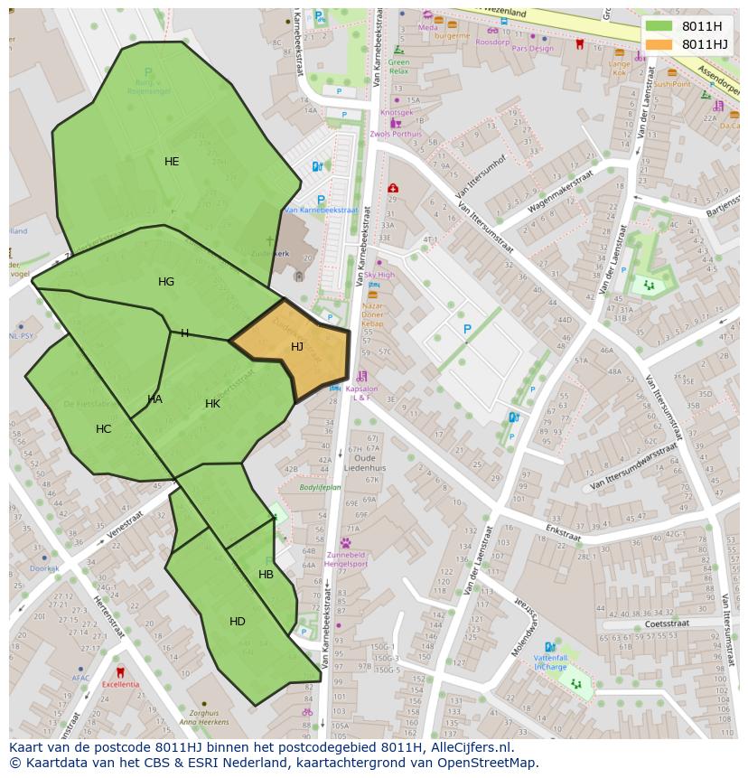 Afbeelding van het postcodegebied 8011 HJ op de kaart.