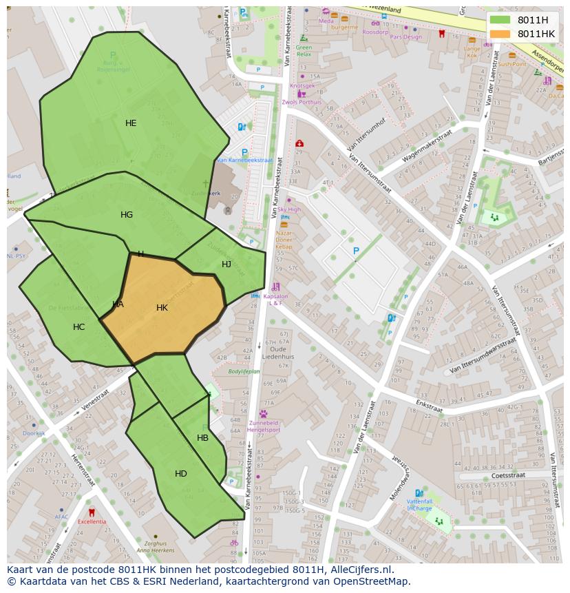 Afbeelding van het postcodegebied 8011 HK op de kaart.